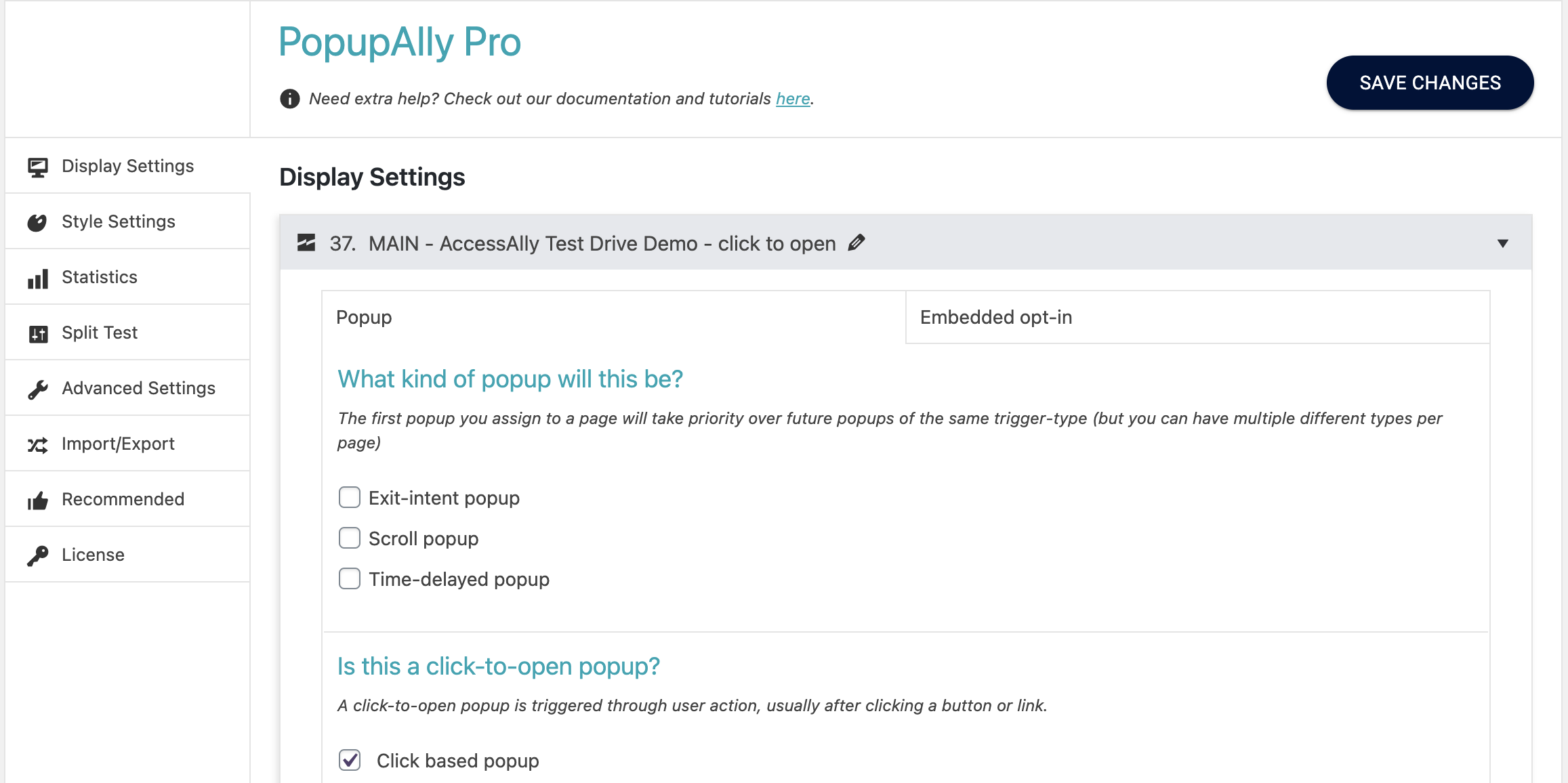 Screenshot of PopupAlly Pro display settings