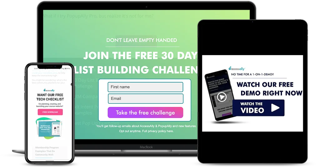 Three devices showing various popups