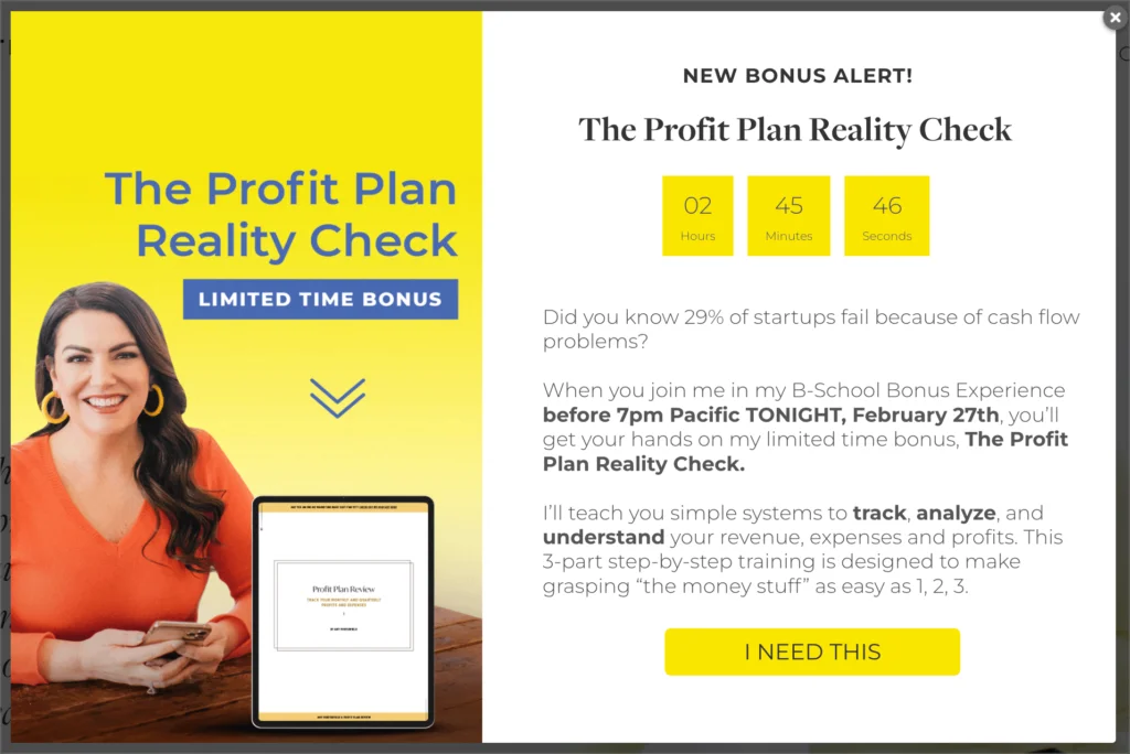 Amy-Porterfield-popup - PopupAlly Pro Time sensitive popup example