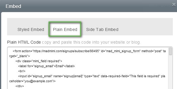 Plain text embed option in Mad Mimi