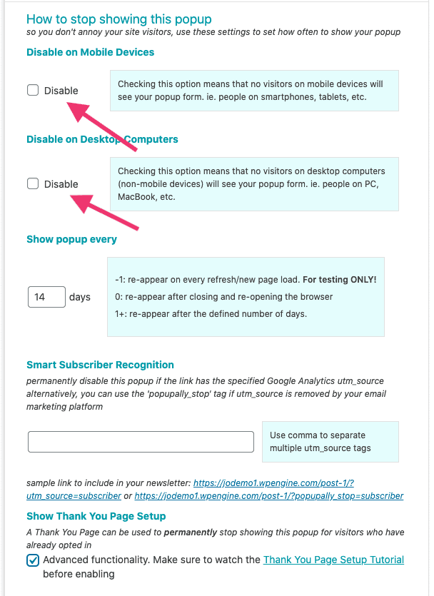 Screenshot from PopupAlly showing display settings for mobile and desktop