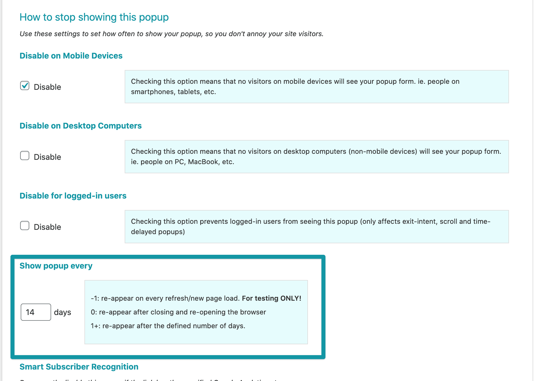 Popup frequency settings