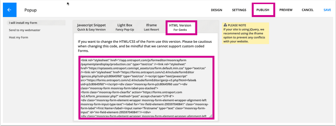 Ontraport screenshot of code