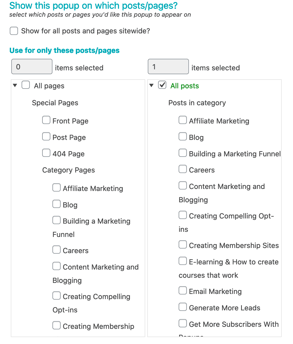 Screenshot of PopupAlly where to show settings