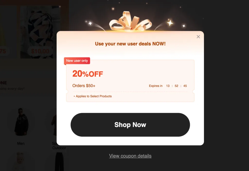 shein 20 off deals - PopupAlly Pro limited time offer fomo popup example